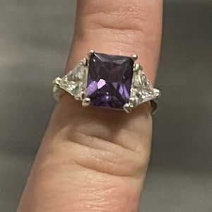 Silver, amethyst with clear crystals ring size 6
